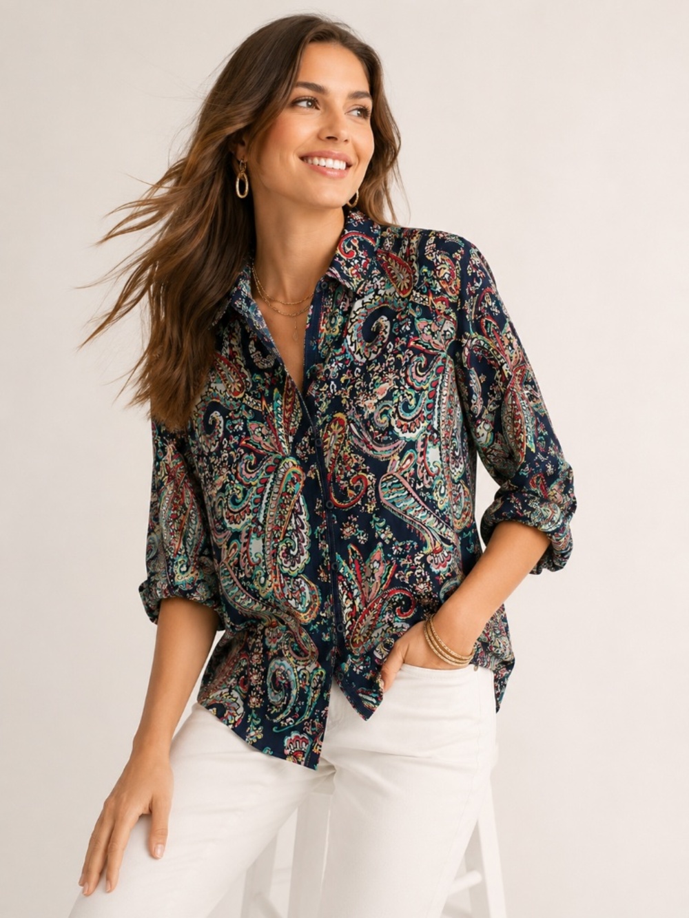 Chico's No-Iron 100% Cotton Paisley Print Button Front Blouse Size 0 US 4-6
